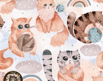 May include: Watercolor illustration featuring adorable cats with yarn balls, mice, and rainbows. The cats are in shades of orange, brown, and gray, with big, expressive eyes. Soft clouds and a pastel rainbow complete the whimsical design, perfect for children's decor.