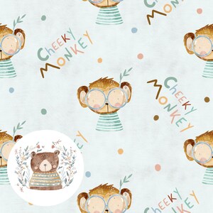 Op de afbeelding: Een naadloos patroon met een schattige cartoon-aap die een bril en een gestreept shirt draagt. Het patroon is op een lichtblauwe achtergrond met kleurrijke stippen en de tekst "Cheeky Monkey" die zich herhaalt.