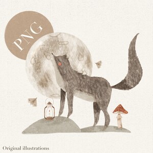 May include: Watercolor illustration of a gray wolf howling at a full moon. A red-capped mushroom, a lantern, and two moths are also depicted. The word "PNG" is in a brown circle, and the words "Original illustrations" are at the bottom.