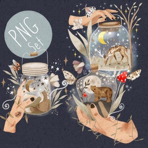 Ensemble de 3 PNG forestiers mignons pour sublimation PNG fantastiques Clipart bocal Mason PNG Clipart lune Clipart lunatique Clipart ours png Cerf Clipart renard png papillon de nuit