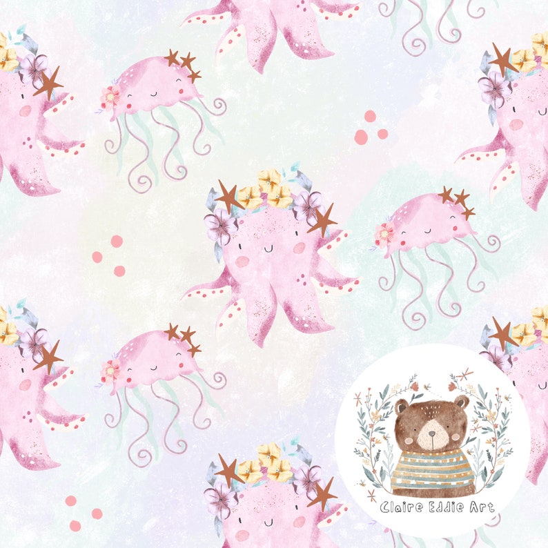 May include: A seamless pattern featuring pink and purple watercolor illustrations of jellyfish and octopuses with floral crowns. The background is a soft pink and blue gradient with white dots. The pattern is perfect for fabric, wallpaper, or wrapping paper.
