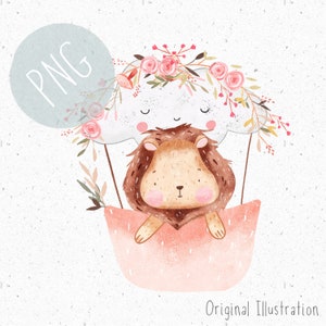 New Baby PNG for Sublimation Cute Lion Clipart for Girls Baby girl PNG Cloud Clipart Iron on patch Balloon BOHO baby Clipart Safari