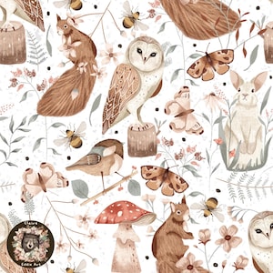 Modèle sans couture des bois Animaux de la forêt mignons Papier numérique Motif floral Forêt pour tissu Motif hibou Écureuil sans couture