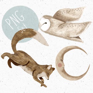 Ensemble de 3 animaux des bois PNG pour sublimation forêt Clipart hibou png renard Clipart lune mignon png hibou mignon Clipart renard mignon png espace Clipart magie