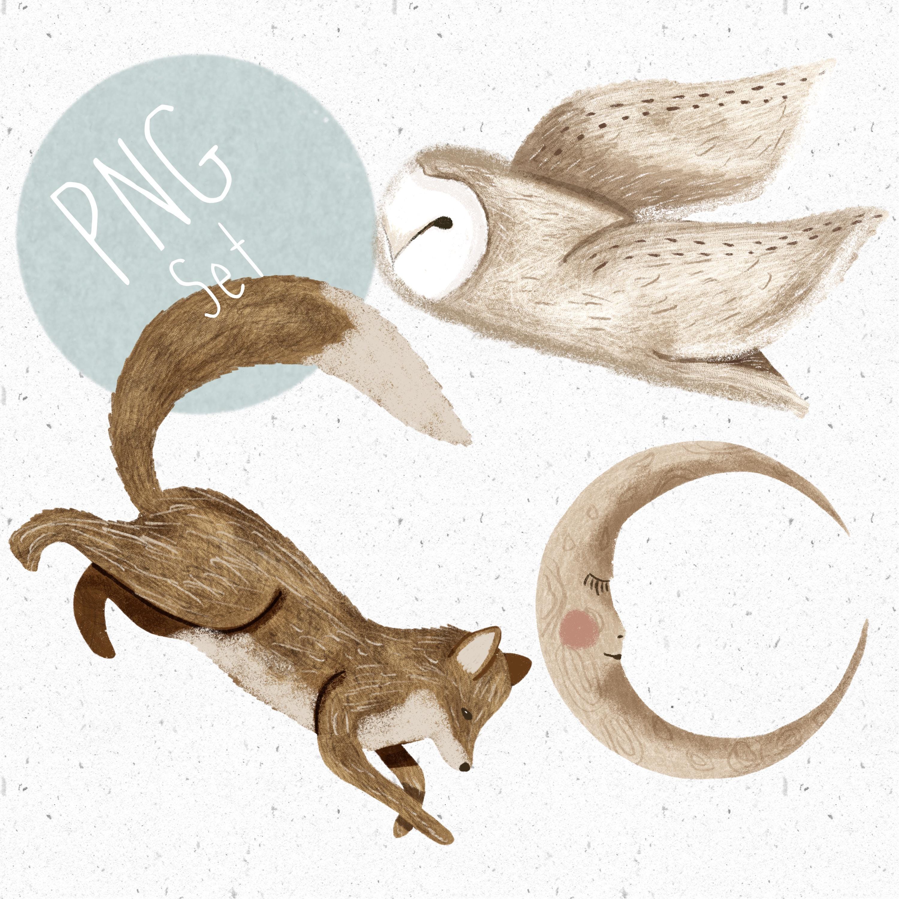 3 woodland animal PNG Set for Sublimation forest Clipart Owl png fox Clipart cute moon png cute owl 