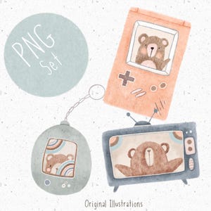 Conjunto de 3 PNGs para Sublimação Conjunto de Cliparts dos anos 90 Tamagotchi fofo PNG Brinquedos dos anos 90 Pacote de Cliparts TV Clipart Gameboy PNG Urso fofo Clipart Criança dos anos 90