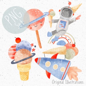 Conjunto de 4 PNG para sublimación Kids Space Clipart Rocket PNG Ice-cream Clipart Set Astronaut PNG Rainbow Clipart Unisex Space Bundle Spaceman