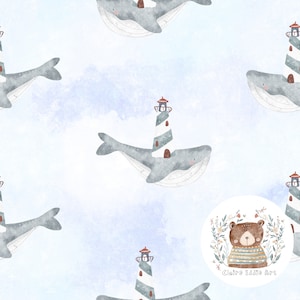 Modello nautico senza cuciture Modello di ripetizione del pescatore per tessuto Faro file senza cuciture Animali marini sublimazione balena carte digitali blu