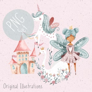 Set of 4 PNGs for Sublimation PNG Baby Clothing Clipart Fairytale png Fairy Clipart Princess PNG Swan Clipart unicorn PNG Castle Clipart