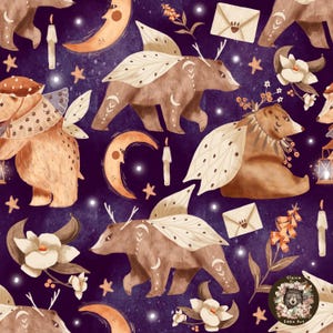 Purple Seamless Pattern for fabric Bear Pattern Space repeating pattern Fantasy seamless Cottagecore pattern Forest seamless woodland animal