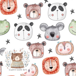 Modello senza cuciture di teste di animali Carta digitale senza cuciture di animali selvatici Carta per album di animali carini Modello di ripetizione della natura per file di tessuti boschivi