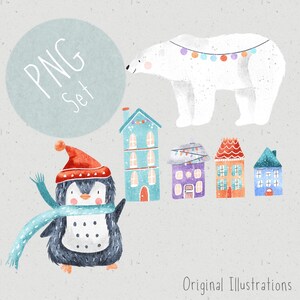 Set of 3 PNGs for Sublimation PNG Christmas Bundle Festive Clipart Penguin png Polar bear Clipart Christmas scene png 1st Christmas Clipart