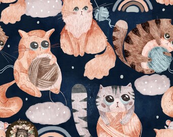 May include: A whimsical illustration featuring cartoon cats, mice, yarn balls, rainbows, and clouds on a dark blue background. The cats are in various poses, some holding yarn. The style is soft and dreamy, with a focus on pastel colors.