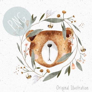 PNG para sublimación Lindo oso PNG Bosque animal Clipart Bosque Gráfico Floral Guirnalda Clipart Nuevo bebé PNG Transferencia de calor Oso Pegatina png