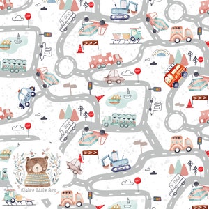 Construção de arquivo sem costura mapa da cidade padrão de repetição bebê menino padrão sem emenda para sublimação de construção de tecido carro veículo de papel digital