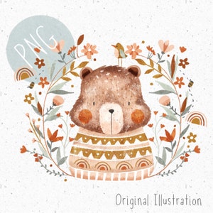 PNG para sublimación Oso lindo PNG Animal del bosque Clipart Bosque Gráfico Floral Corona Clipart boho Bebé PNG Transferencia de calor Oso Pegatina png