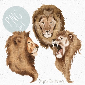 Lot de 3 images PNG pour sublimation Tête de lion PNG Ensemble de cliparts Safari mignon BOHO Lion PNG Jungle Clipart Lion sublimation Clipart Scandi bébé garçon