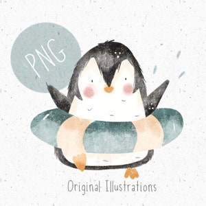 Penguin Sublimation PNG Summer Clipart Anillo de agua Png Lindo Penguin Clipart Natación PNG niños verano gráfico playa Clipart uso comercial