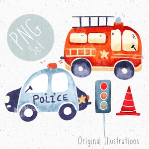 Set von 4 PNGs für Sublimation Notdienst Clipart Polizeiauto PNG Feuerwehrauto download Transport Clipart Feuerwehrmann PNG Verkehr