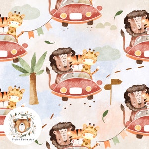 Safari Seamless Pattern Jungle Animal Digital Paper Cute Car Scrapbook Paper Tiger Repeat Pattern for fabric Transport Seamless Boys designs