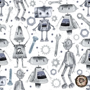 Könnte beinhalten: Ein nahtloses Muster mit Aquarell-Illustrationen von Robotern, Schraubenschlüsseln, Schrauben und Zahnrädern in Grautönen. Die Roboter haben unterschiedliche Formen und Größen, und einige haben Antennen. Der Hintergrund ist weiß mit einer dezenten gesprenkelten Textur.