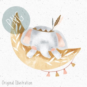 PNG für Sublimation Space PNG Baby Kleidung Grafik Süßer Elefant png Mond Clipart Elefant Schlaf PNG Boho Safari Clipart für Wärmetransfers