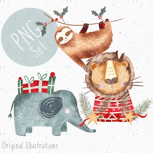 Set von 3 PNGs für Sublimation Weihnachten Tier Clipart für Kinder PNG Weihnachts Clipart Safari Tiere PNG Löwe Clipart Elefant PNG Festlich