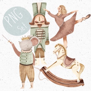 Conjunto de 4 PNGs para sublimação Quebra-nozes Clipart Ballet PNG Natal Clipart Festivo PNG conjunto Quebra-nozes download Cavalo de balanço Clipart