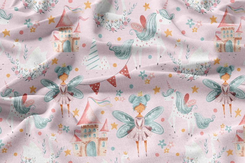 May include: A pink fabric with a repeating pattern of fairies, unicorns, castles, and stars. The fairies are wearing pink dresses and have blue wings. The unicorns are white with blue manes and tails. The castles are pink and have blue roofs. The stars are yellow.