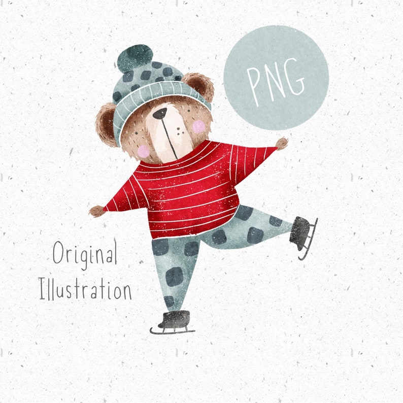Puede incluir: Una ilustraci&oacute;n de dibujos animados de un oso marr&oacute;n que lleva un gorro azul y blanco y un su&eacute;ter a rayas rojas y blancas. El oso est&aacute; patinando sobre hielo sobre un fondo blanco. El texto "Original Illustration" y "PNG" tambi&eacute;n se incluye en la imagen.