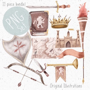 Set di 11 PNG per Sublimation Knight Clipart Medieval PNG Set King scarica Little boy Clipart Fairytale png Knight accessori PNG bundle