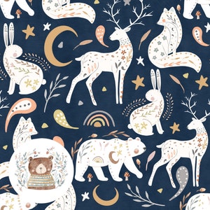 Modèle sans couture céleste animaux de la forêt répétant le motif pour tissu renard fichier sans couture motif ours pour enfants tissu cachemire bleu marine