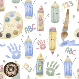 Könnte beinhalten: Aquarellillustration mit lächelnden Bleistiften, Buntstiften und einem Pinsel mit Armen und Beinen. Das Design umfasst eine Farbpalette, Handabdrücke sowie die Buchstaben "ABC" und die Zahlen "123" auf weißem Hintergrund. Das Thema ist Schule und Kunstbedarf.