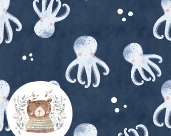May include: A blue and white illustrated pattern featuring a brown bear wearing a striped sweater surrounded by flowers and leaves. The pattern also includes multiple blue and white octopuses with pink cheeks on a dark blue background.