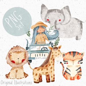 May include: A set of digital illustrations featuring a cute lion, a giraffe, a tiger, an elephant, and a girl in a safari outfit driving a jeep. The illustrations are in a cartoon style and have a light and whimsical feel. The text "Explore" is on the side of the jeep.