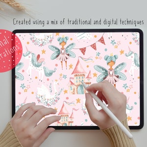 May include: A digital illustration of a pink and white seamless pattern featuring fairies, unicorns, swans, castles, stars, and flowers. The pattern is displayed on a tablet screen.
