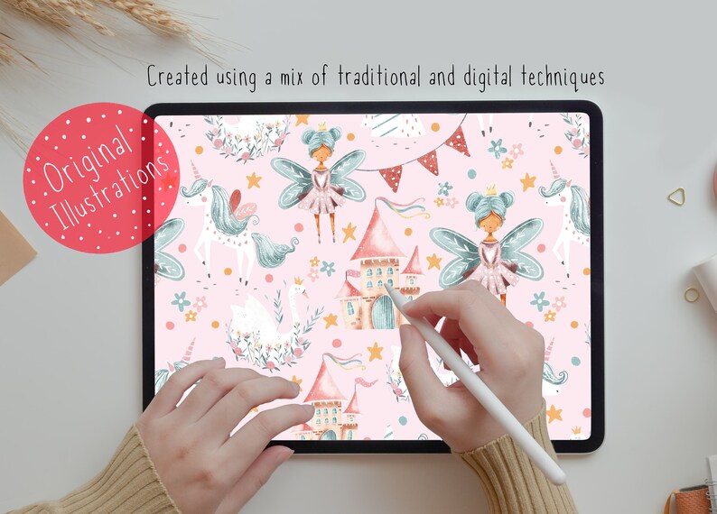 May include: A digital illustration of a pink and white seamless pattern featuring fairies, unicorns, swans, castles, stars, and flowers. The pattern is displayed on a tablet screen.