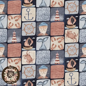 Modello nautico senza cuciture, balena, carta digitale, marinaio, motivo ripetuto per tessuto, ancora, barca senza cuciture, sublimazione, patchwork senza cuciture dell'oceano