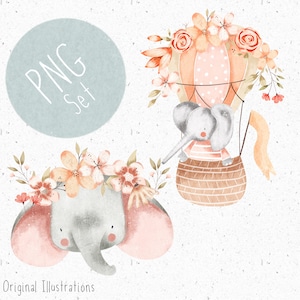 2 PNG pour sublimation Elephant Clipart Cute Safari PNG Set Floral Clipart Baby Girl PNG Bébé éléphant Clipart Jungle PNG éléphant Télécharger