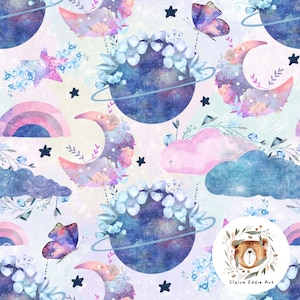 Celestial seamless pattern Planets digital paper Moon repeat pattern for fabric Pastel seamless print Rainbow seamless Clouds download Pink