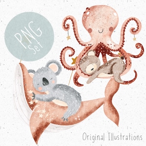 2 PNGs for sublimation Nautical Clipart Underwater PNG Set Space Clipart Sleeping animals PNG Whale Clipart Octopus PNG Koala Download bear