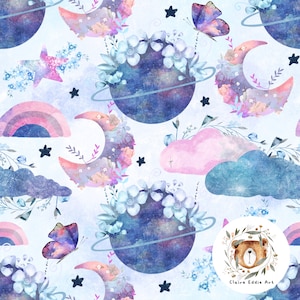Moon & Stars seamless pattern Butterfly digital paper Pastel repeat pattern for fabric Baby girl seamless newborn fabric file Solar system