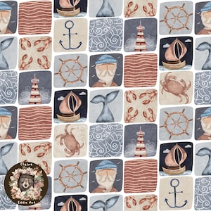 Modello nautico senza cuciture, balena, carta digitale, marinaio, motivo ripetuto per tessuto, ancora, barca senza cuciture, sublimazione, patchwork senza cuciture dell'oceano
