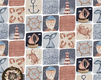 Nautische nahtlose Muster Wal Digital Papier Sailor Rapportmuster für Stoff Anchor Seamless Boot Sublimation Ocean nahtlose Patchwork