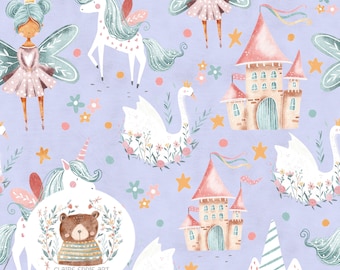 May include: A seamless pattern featuring a whimsical fairytale theme with illustrations of a unicorn, a swan, a castle, a fairy, and a bear. The pattern is set on a light purple background with stars, flowers, and other decorative elements.