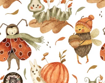 Insect Seamless Pattern Autumn repeating pattern for fabric Ladybug seamless design Bumblebee seamless file Snail pattern Caterpillar