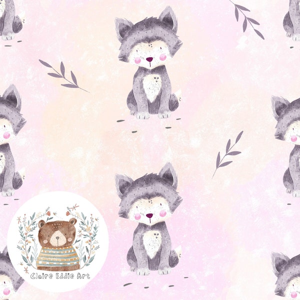 Baby Wolf Seamless Pattern Pink wolf repeating pattern for fabric woodland seamless pattern baby Girl repeat design Cute wolf digital paper