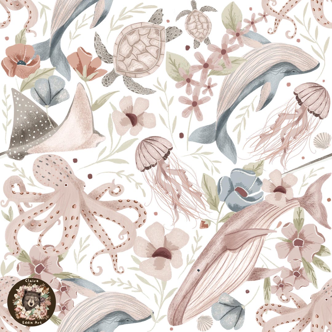 Pink Nautical Seamless Pattern Whale Digital Paper Turtle Repeat ...