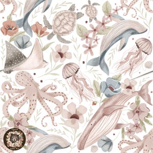 May include: A seamless pattern featuring a variety of sea creatures and floral elements in soft pink, blue, and green hues. The pattern includes whales, jellyfish, stingrays, sea turtles, and an octopus, all surrounded by delicate flowers and leaves.