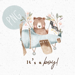 Het is een jongen PNG voor sublimatie beer Clipart Vliegtuig PNG Babyjongen Clipart Newborn Download nieuwe baby Clipart Baby shower png gender reveal